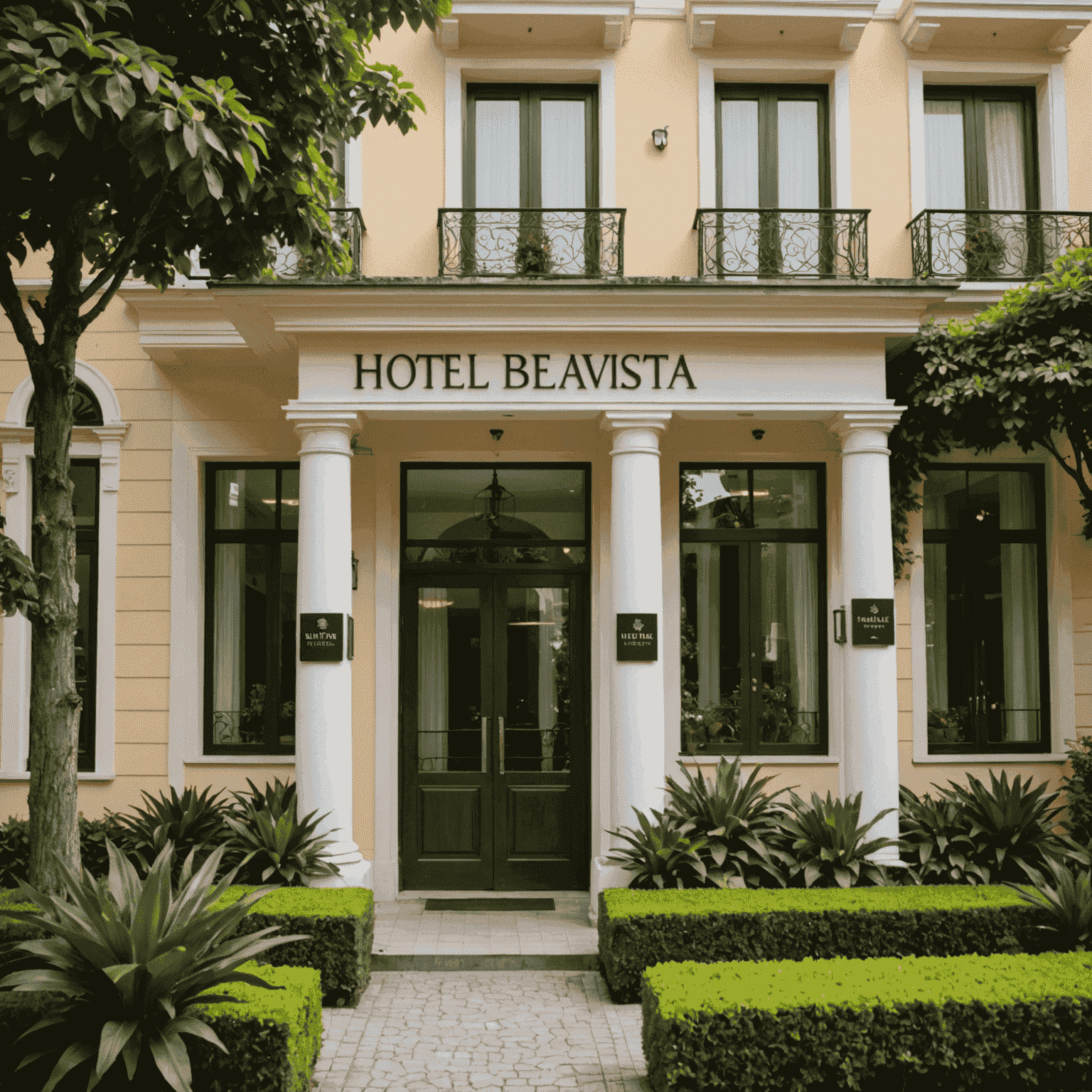 Un elegante hotel con una facciata moderna e luminosa, circondato da un giardino ben curato. L'insegna dell'hotel mostra chiaramente il nome 'Hotel Bellavista'.