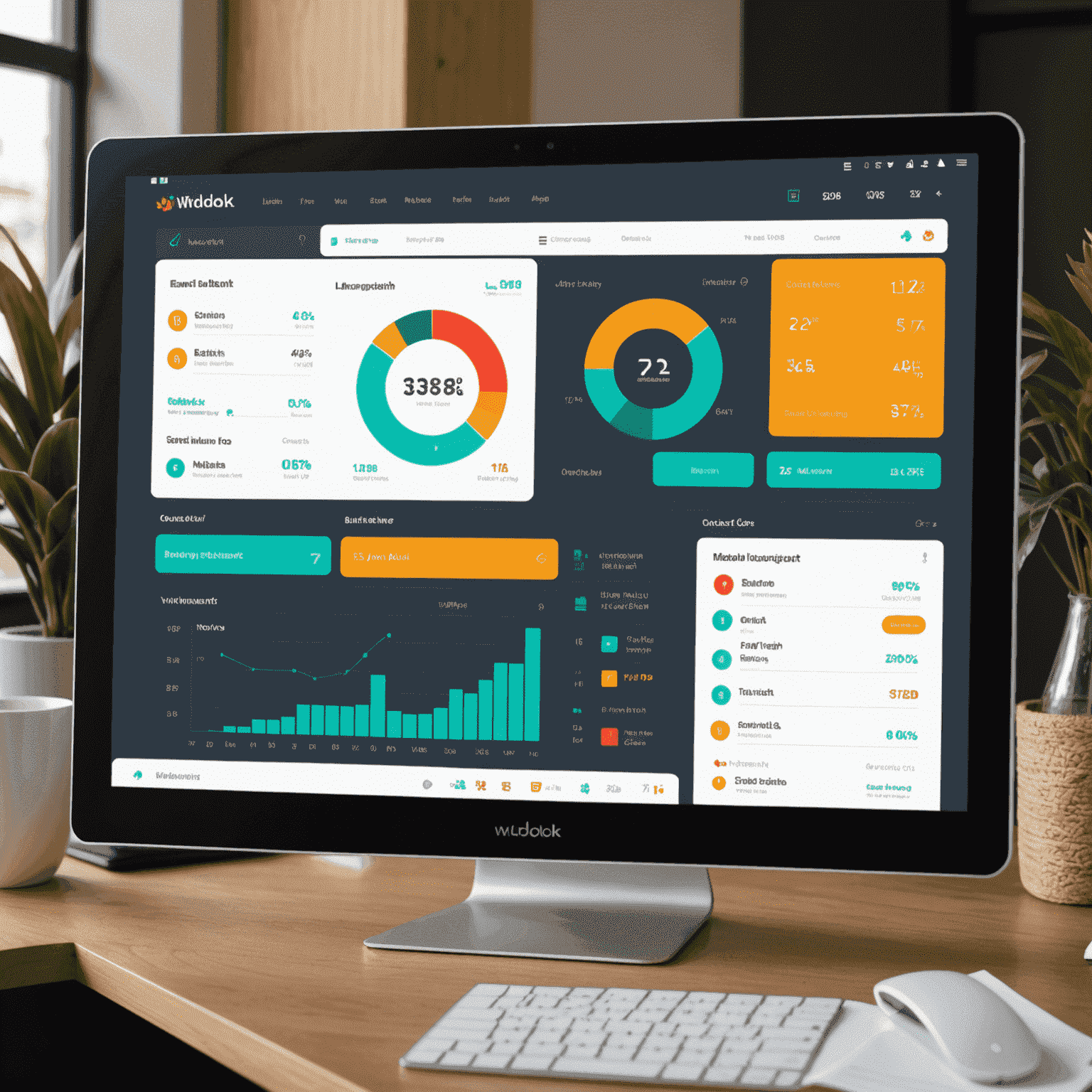 Interfaccia utente di Wudook con nuove funzionalità evidenziate, mostrando un dashboard moderno con grafici colorati e icone intuitive per la gestione alberghiera