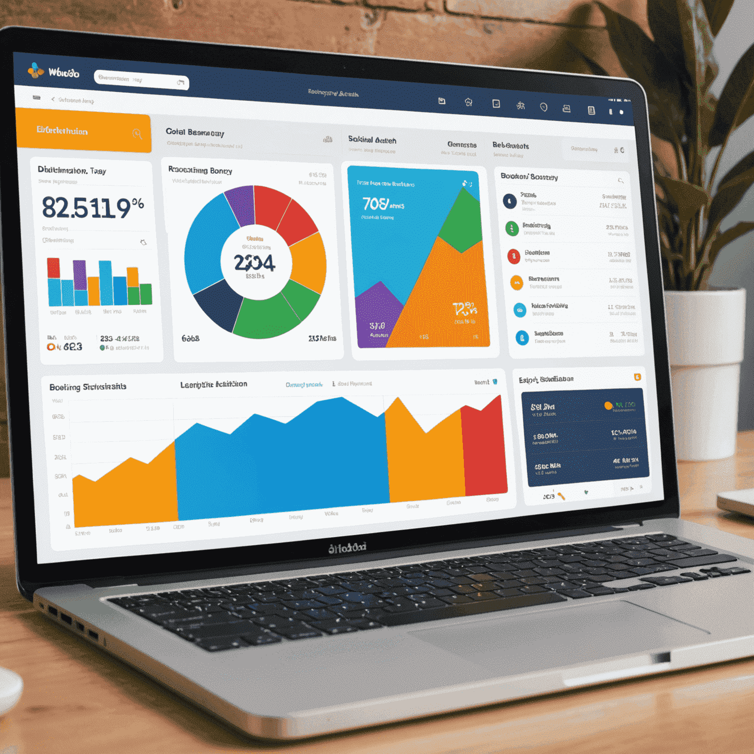 Interfaccia di Wudook che mostra una dashboard con grafici colorati e icone rappresentanti vari canali di distribuzione come Booking.com, Expedia, Airbnb. La schermata evidenzia le statistiche di prenotazione e l'occupazione per ciascun canale.