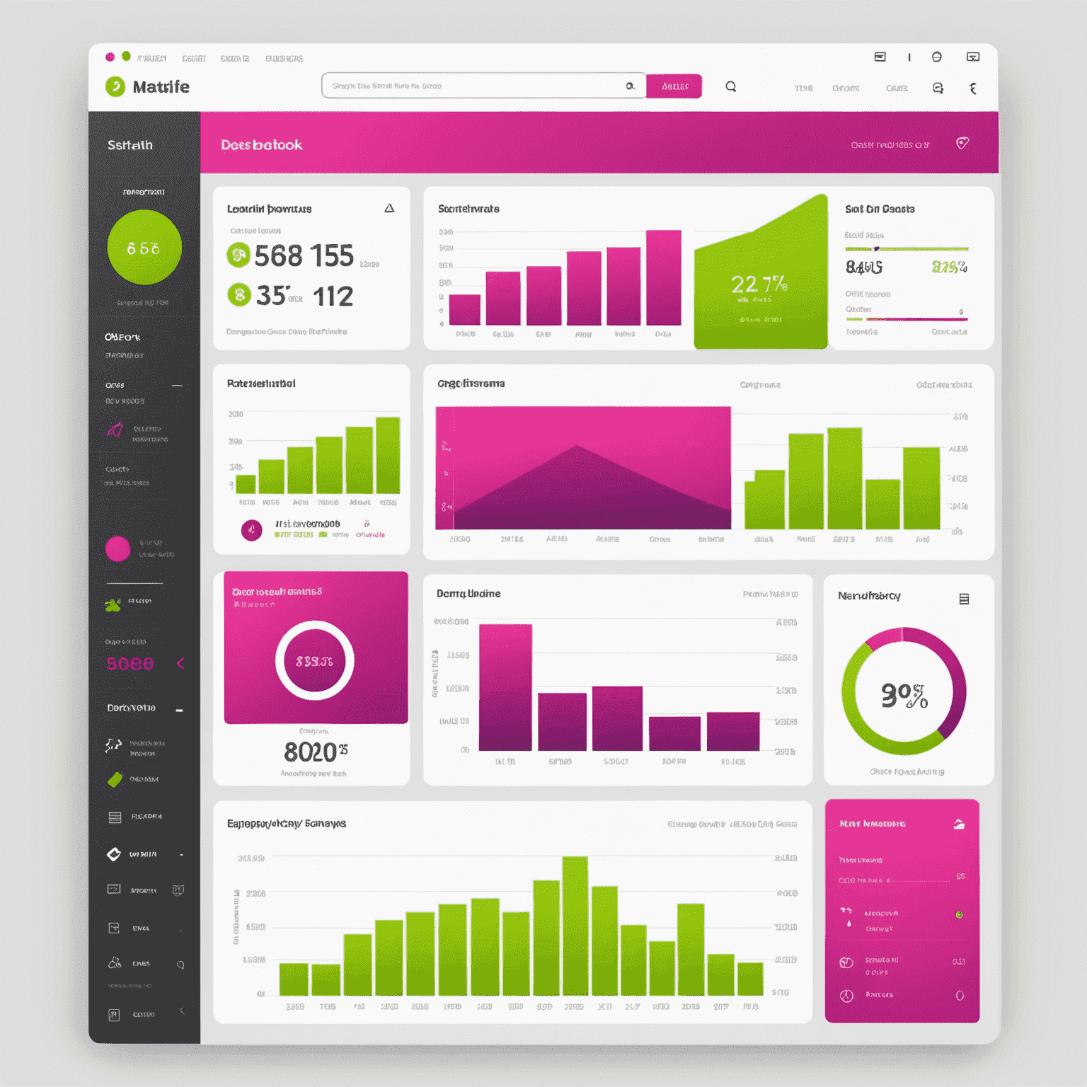 Dashboard personalizzabile con grafici colorati che mostrano statistiche di occupazione, revenue e performance dell'hotel. L'interfaccia è intuitiva e moderna, con elementi in fuchsia e lime su sfondo bianco.