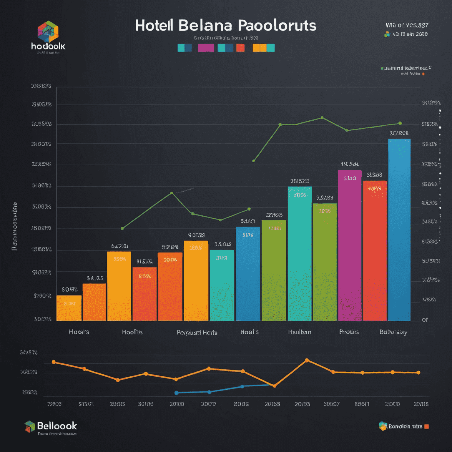 Un grafico che mostra l'incremento delle prenotazioni e dei profitti dell'Hotel Bellavista dopo l'implementazione di Wudook. Le linee del grafico sono in colori vivaci e mostrano una chiara tendenza al rialzo.