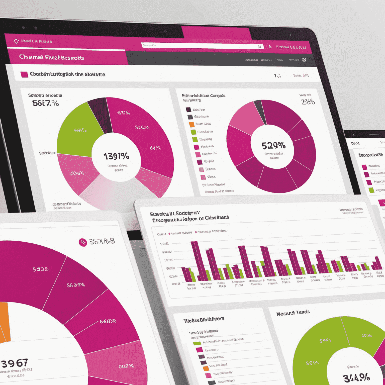 Esempio di report personalizzato con grafici a torta e a barre che mostrano la distribuzione delle prenotazioni per canale e l'andamento del revenue nel tempo. I colori predominanti sono il fuchsia e il lime su sfondo bianco.